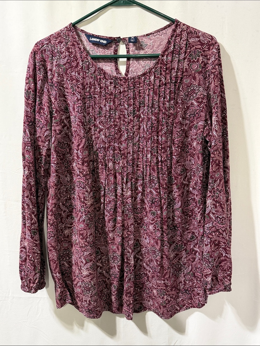 Lands' End Maroon Floral Pintuck Long-Sleeve Top